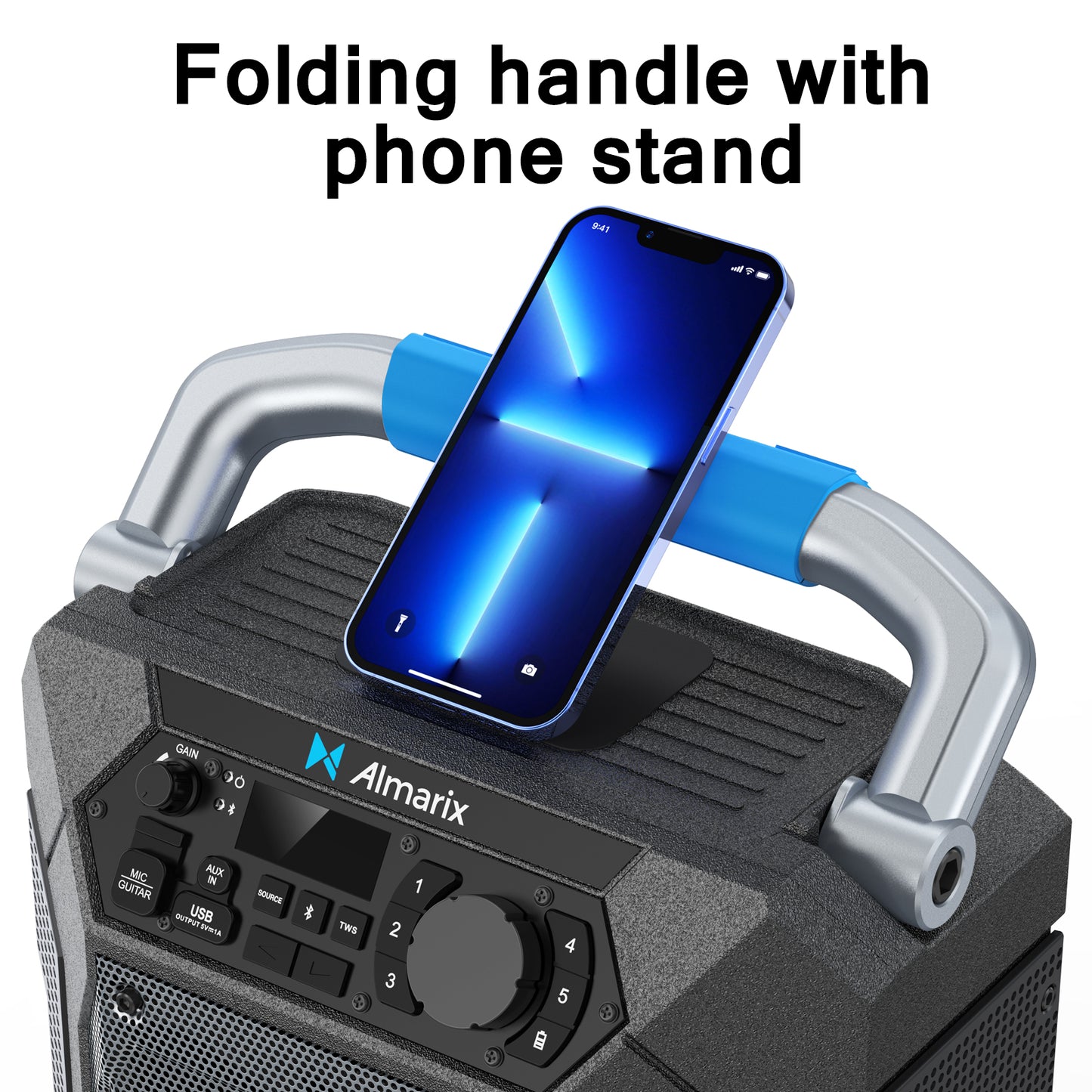 Outdoor speaker, folding handle with phone stand